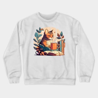 Foodilicious - Cat Caffeine Addiction Coffee And Reading Book Crewneck Sweatshirt